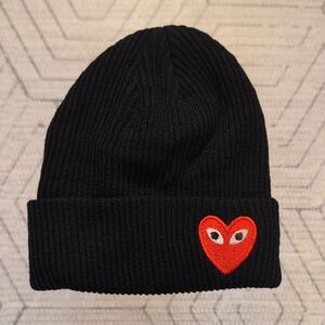 Black Knit Beanie with Red Heart Embroidery Patch